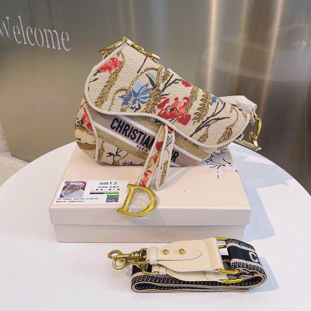 CHRISTIAN DIOR SADDLE BAG EMBROIDERED CANVAS HANDBAG IVORY