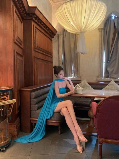 Blue A Line Strapless Chiffon Short Birthday Dress Homecoming Dress SH2868