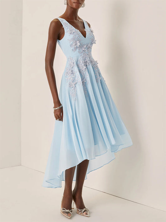 Light Blue Lace Asymmetric Chiffon V Neck Sleeveless A-Line Maxi Dress