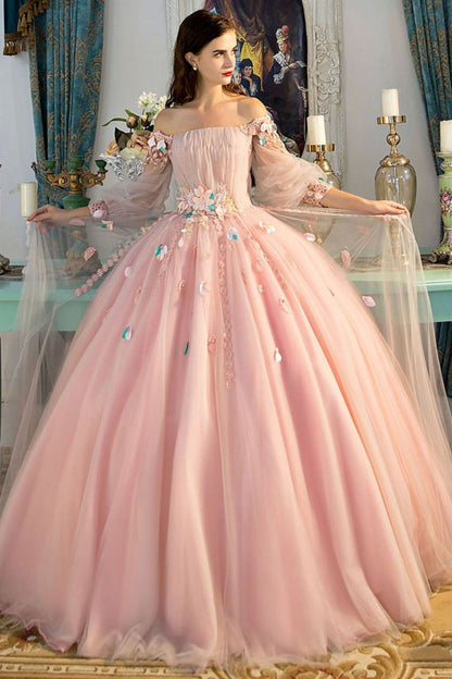Pink delicate floral applique fairy long sleeves long tulle ball gown evening dress gh2279