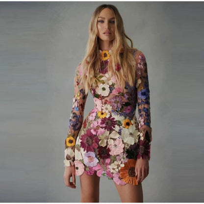 loveedsTM-Flower Print Embroidery Mini Dress Women Half High Collar Long Sleeve Hip Package Dresses Female Autumn Elegant Lady Vestidos