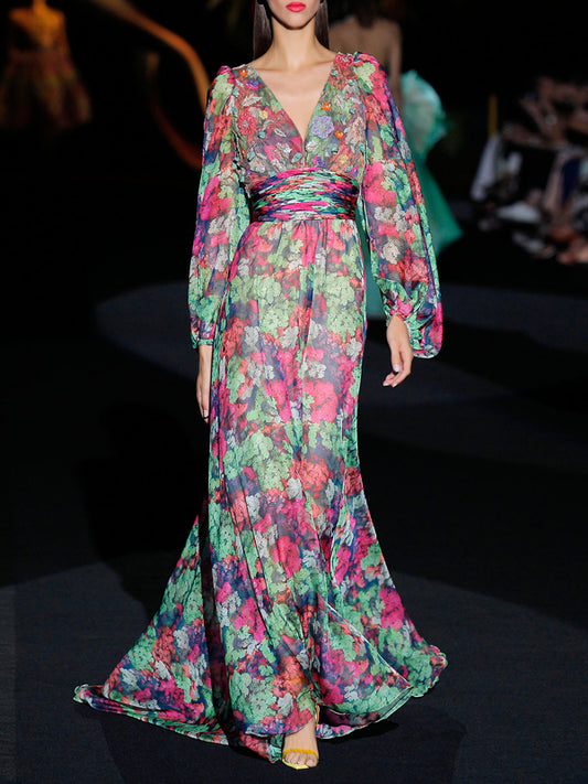 V-neck Waist Temperament Floral Women's Dress