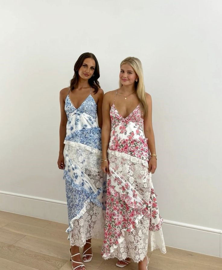 Blue Elegant Floral Delicate Lace Long Ball Gown Birthday/Garden Party Dress Evening Dress Prom Dress Holiday Date Night Dress gh4109