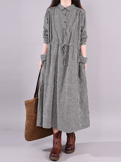 loveedsTM- Dresses for Women Loose Stitching Cotton and Linen Plaid Long-sleeved Dress Women's Lace-up Waist Midi Skirt  Elegantly