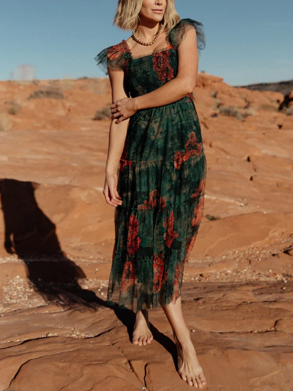 Slim Fit Simple Printed Mesh Maxi Dress