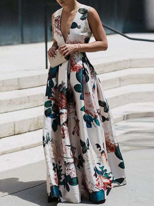 White V-neck Sleeveless Floral Print Maxi Dress
