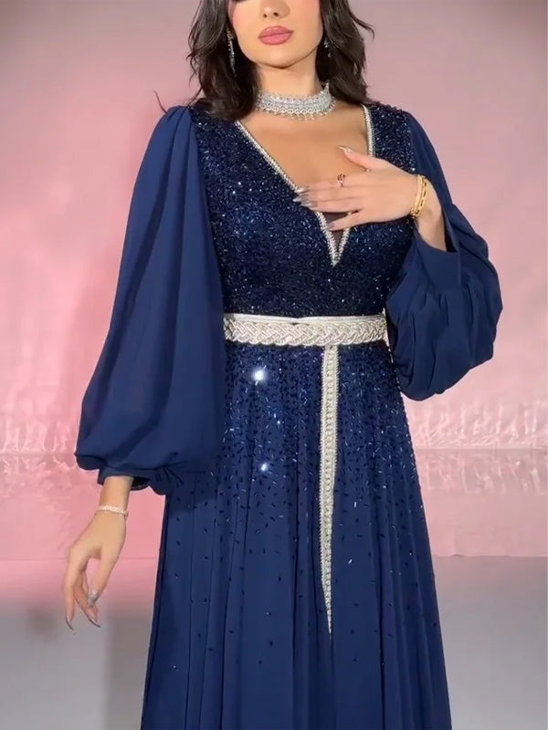 V-neck Sequin Chiffon Solid Color Maxi Dress