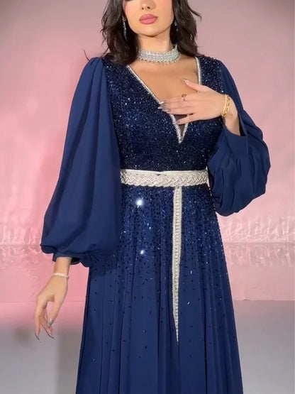 V-neck Sequin Chiffon Solid Color Maxi Dress