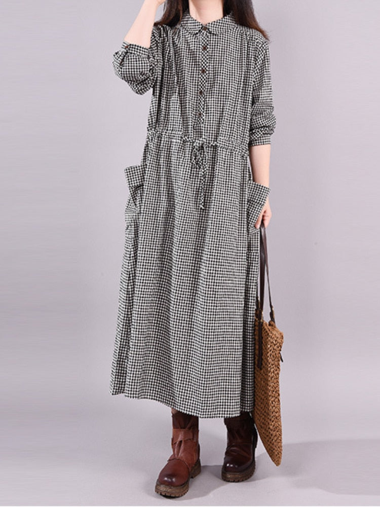 loveedsTM- Dresses for Women Loose Stitching Cotton and Linen Plaid Long-sleeved Dress Women's Lace-up Waist Midi Skirt  Elegantly