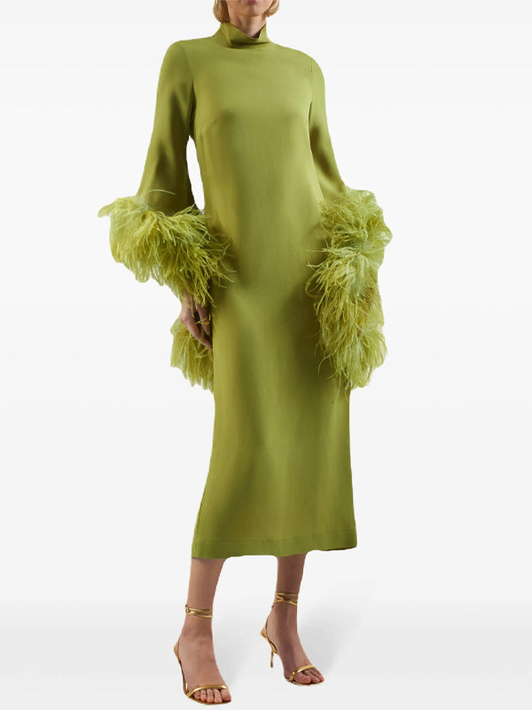 Solid Color Feathers Midi Dress