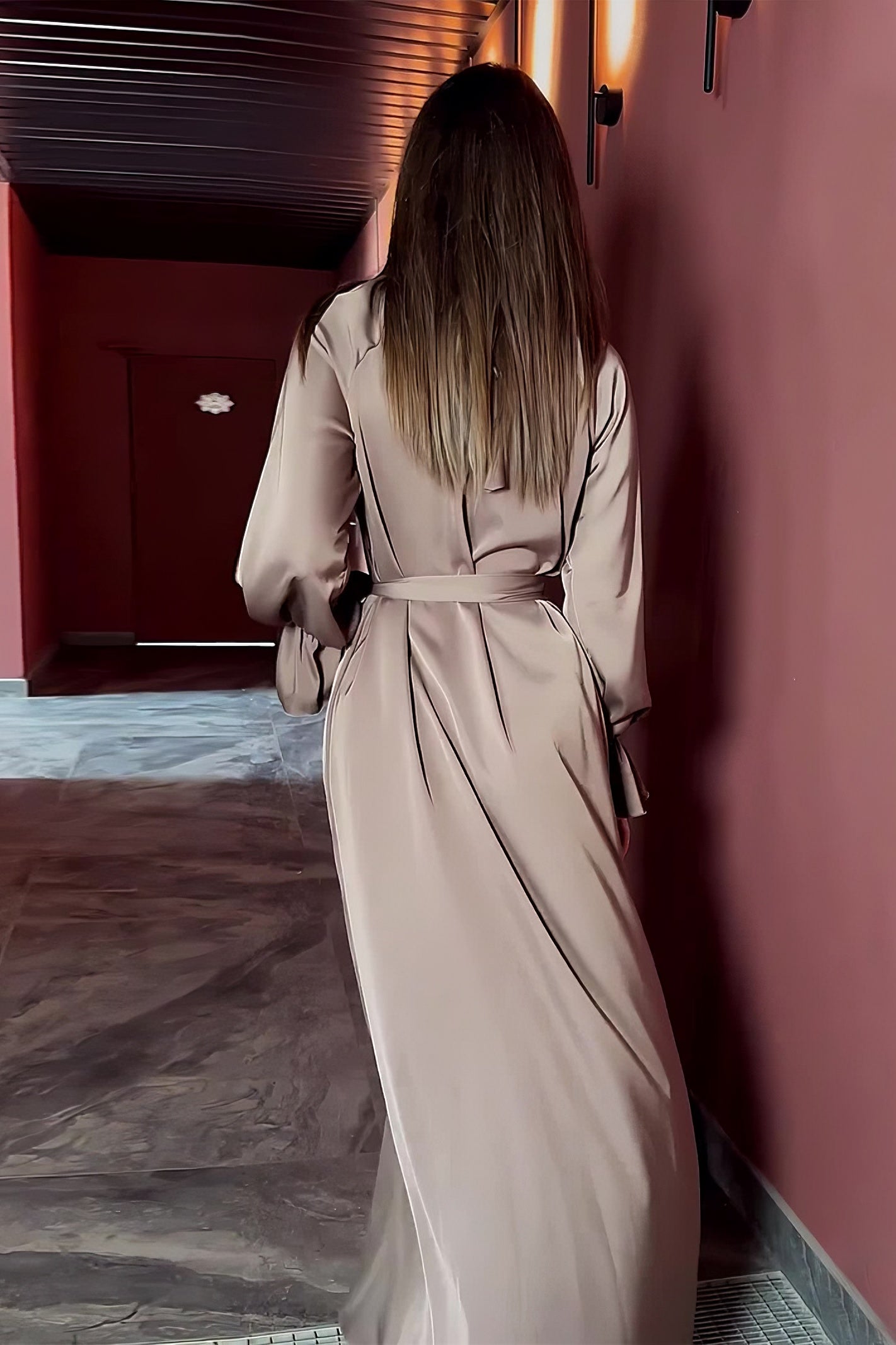 loveedsTM-Solid Color Satin Long Sleeve Loose Dress