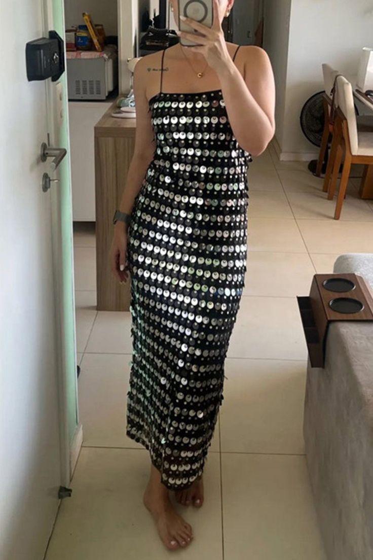 Pink/Silver Black Fashion Sequin Long Spaghetti Strap Party Dress gh4858