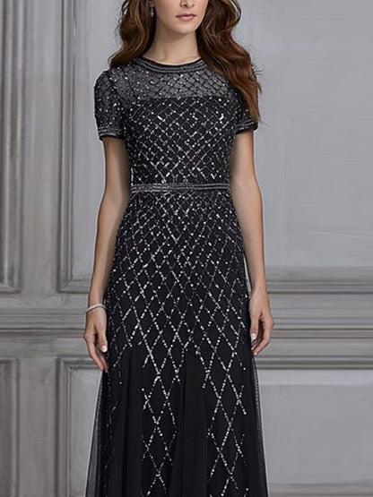 Round neck sequined mesh maxi dress