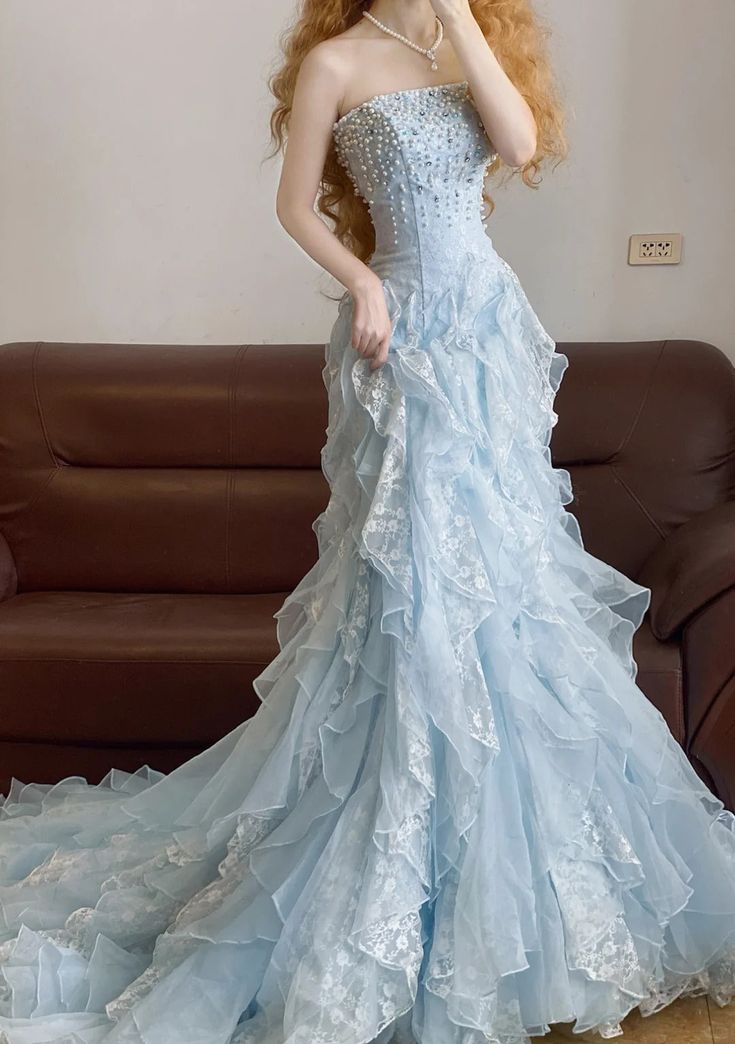 Romantic Mermaid Strapless Beaded Blue Lace Ruffle Organza Prom Dress SH3366
