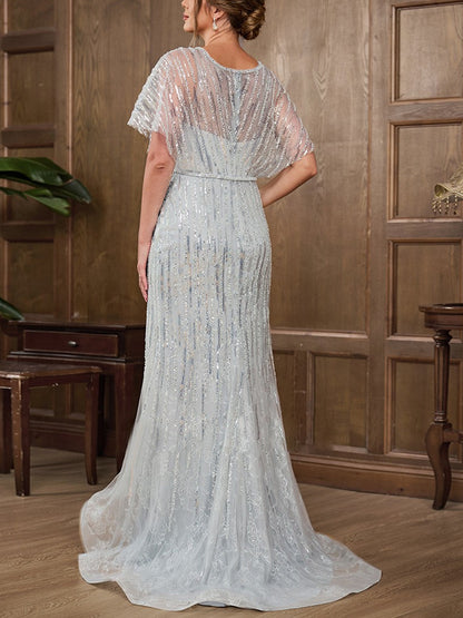 V-neck Lace Sequin Solid Color Maxi Dress