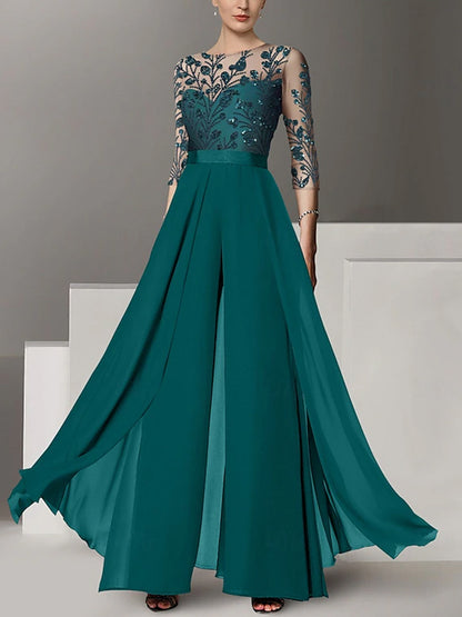 Round Neck Lace Solid Color Jumpsuit