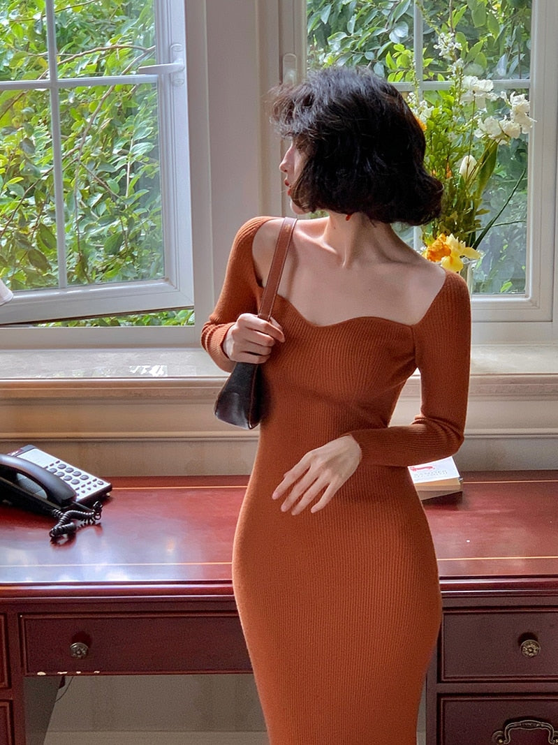 loveedsTM- Elegant Vintage Knitted Dress Women Autumn Korean Style Evening Party Midi Dress Ladies Bodycon Casual Sexy Designer Dress