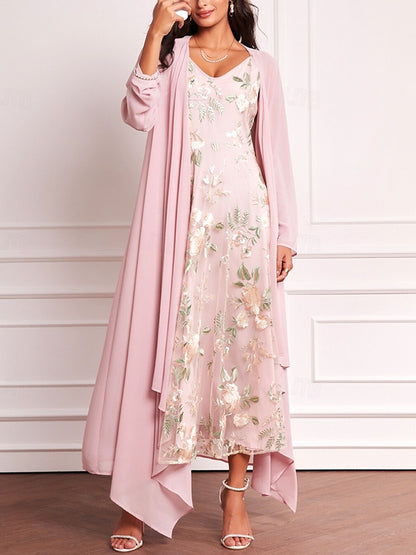 Lace Chiffon Print 3/4 Long Sleeve Dress Set