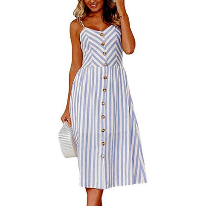 loveedsTM- Boho Sexy Floral Dress Summer Vintage Casual Sundress Female Beach Dress Midi Button Backless Polka Dot Striped Women Dress