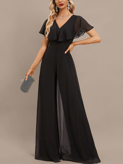 Jumpsuit/Pantsuit V-Neck Floor-Length Chiffon Evening Dress