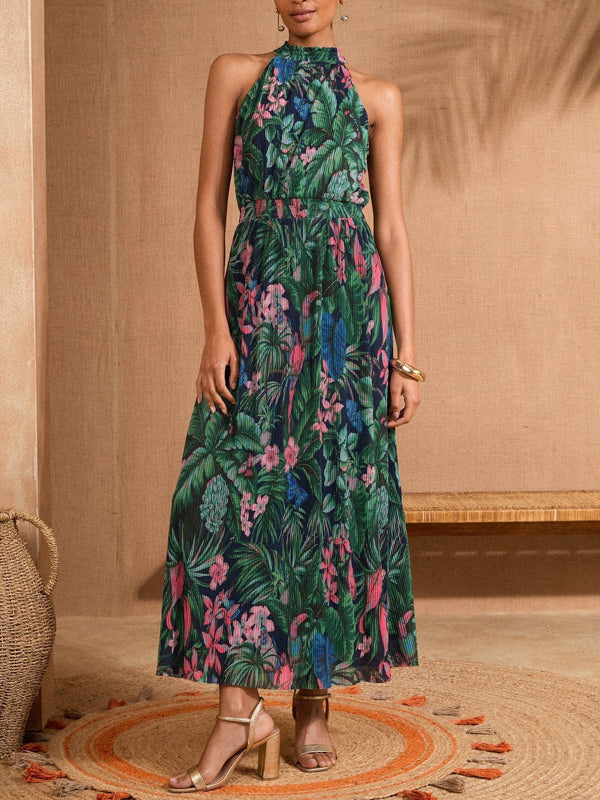 Tropical Mesh Halterneck Maxi Dress