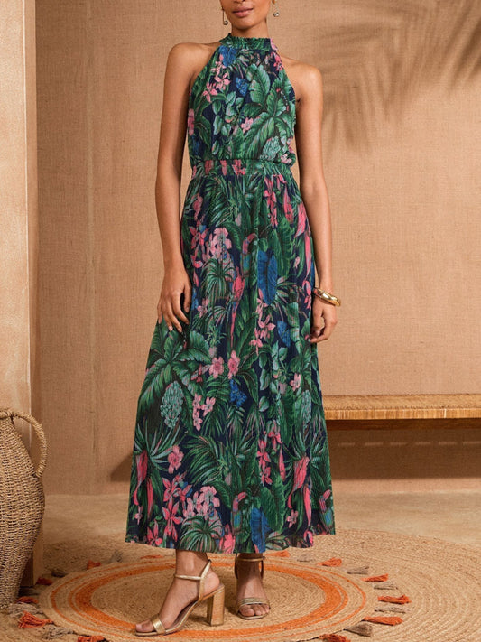 Tropical Mesh Halterneck Maxi Dress