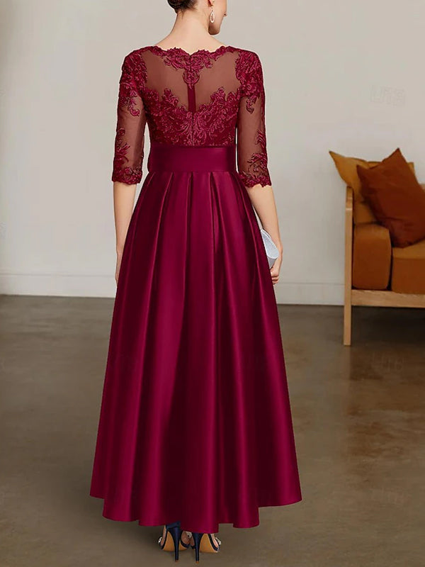 Round Neck Lace Solid Color Midi Dress