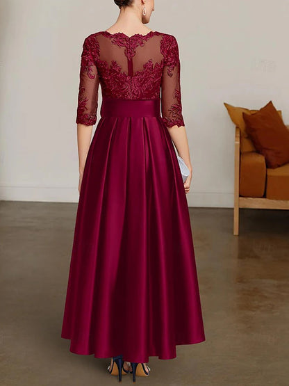 Round Neck Lace Solid Color Midi Dress