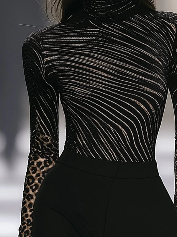 Black Stretch-fit T-shirt With Abstract Lines And Leopard Print