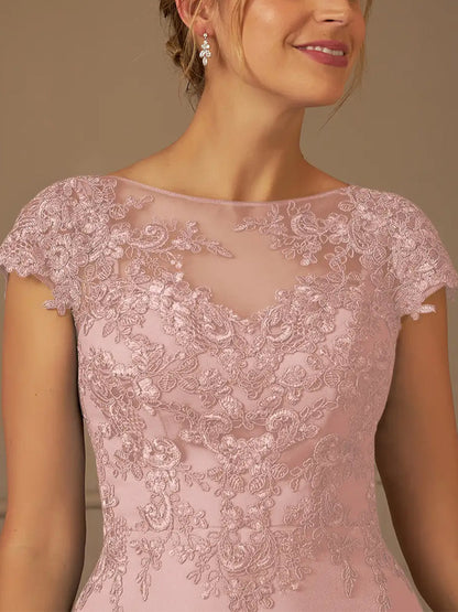 Round Neck Lace Short Sleeve Solid Color Midi Dress