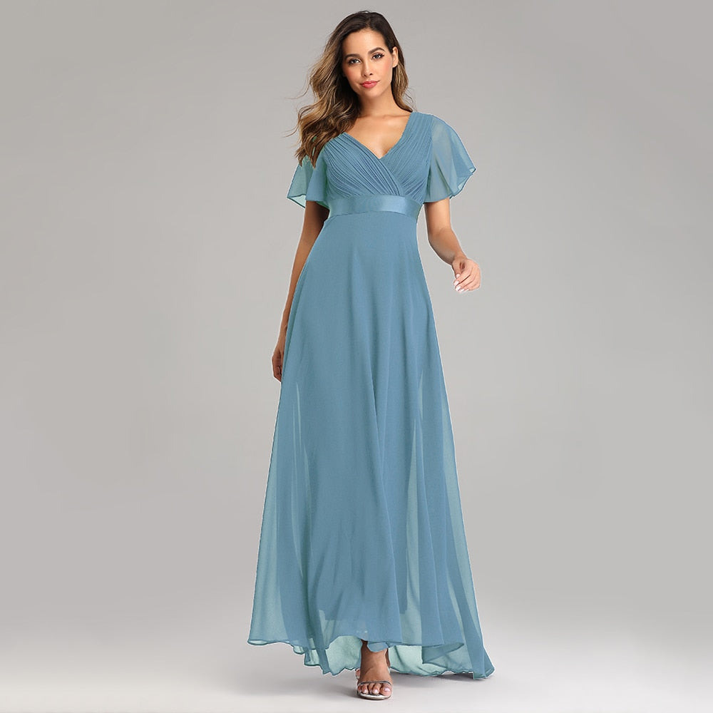 loveedsTM- Evening Dresses Elegant V-Neck Ruffles Chiffon Formal Evening Gown  Robe Vestidos De fiesta Dress for Wedding Party