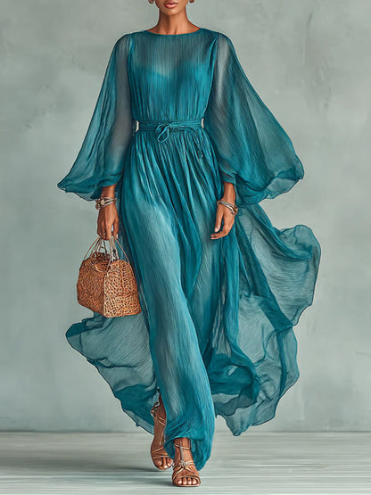 Flowing Cotton and Linen Trumpet Sleeves Women's Dress