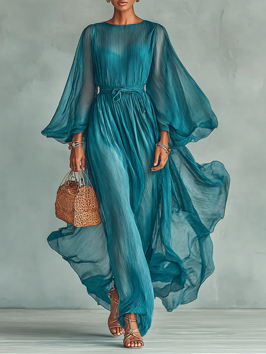 Flowing Cotton and Linen Trumpet Sleeves Women's Dress