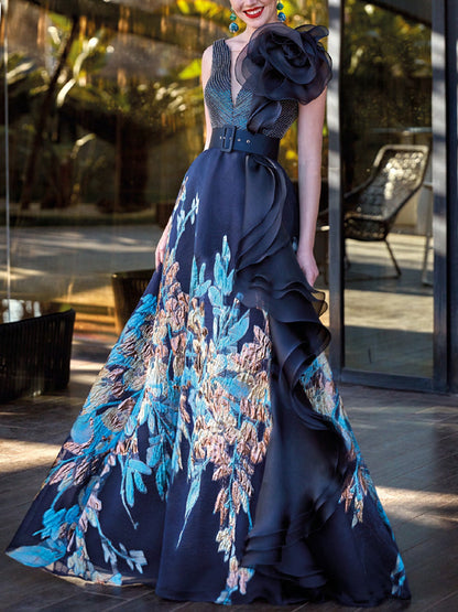 V-neck Sleeveless Print Maxi Dress