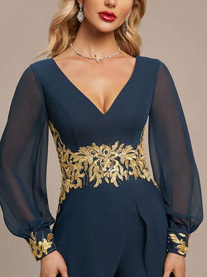Jumpsuit/Pantsuit Separates V-Neck Floor-Length Chiffon Evening Dress With Appliques Lace