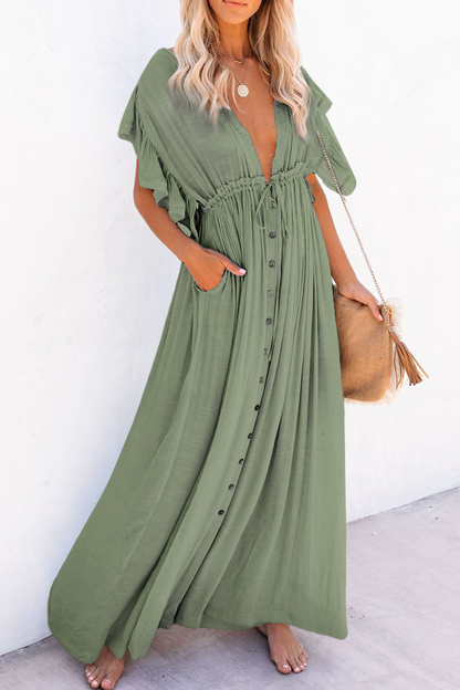 loveedsTM-Elegant Solid Frenulum Buckle V Neck A Line Dresses