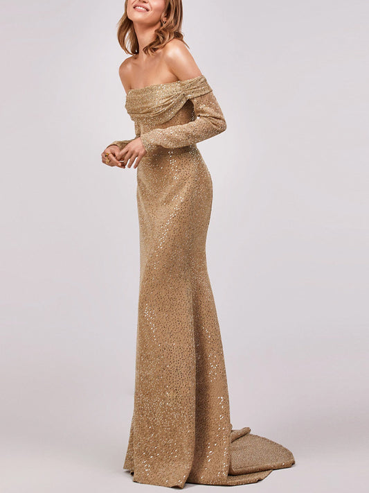 Off The Shoulder Sequin Solid Color Maxi Dress