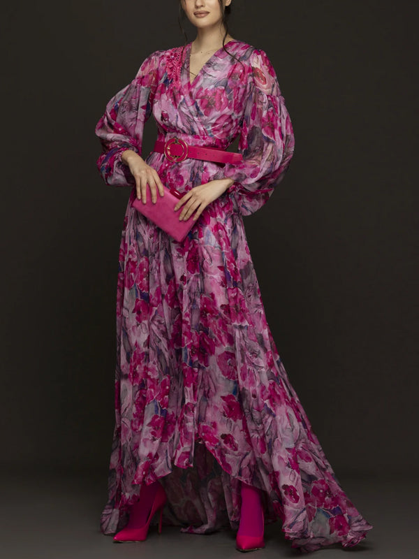 V-neck Long Sleeves With Print Maxi Dress