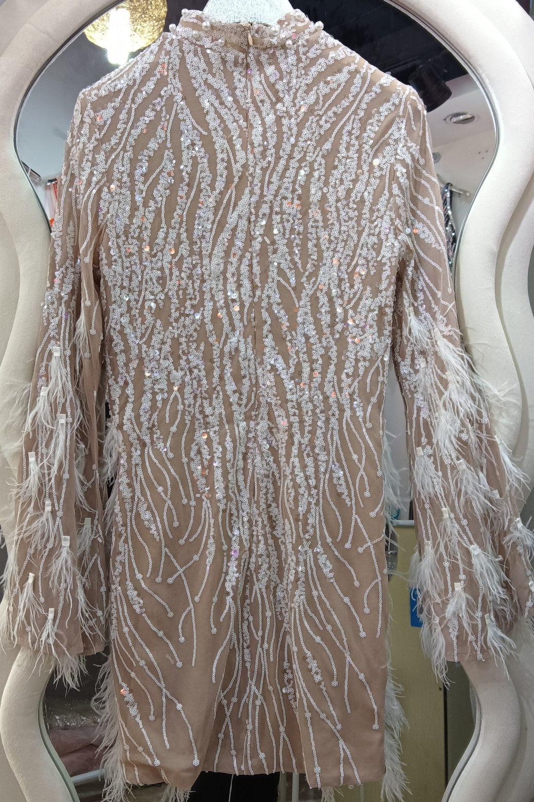 loveedsTM-New short pearl feather mesh dress-vx