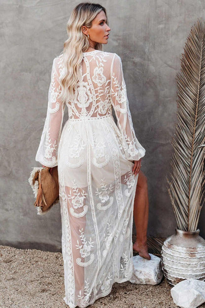 loveedsTM-V Neck Lace Patchwork Split Maxi Dress