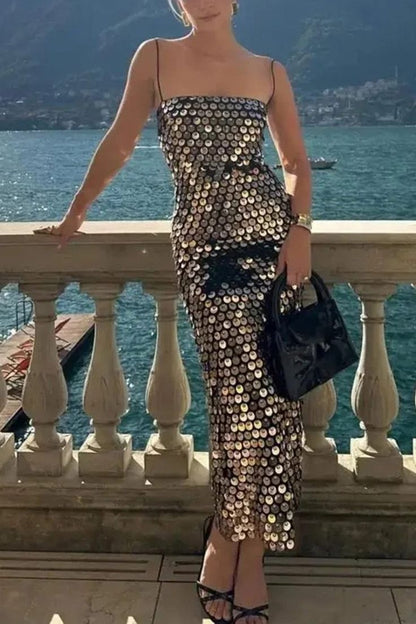 Pink/Silver Black Fashion Sequin Long Spaghetti Strap Party Dress gh4858