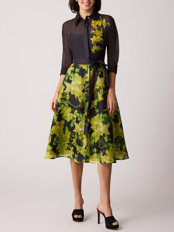 Elegant Floral Balloon Sleeve Printing Crew Neck Midi Dress