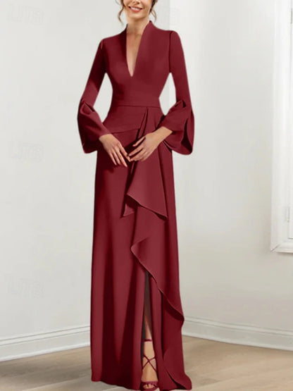 V-neck Long Sleeve Solid Color Maxi Dress