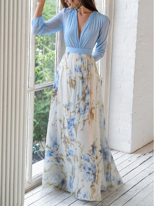 Flower Printed Contarst Color High-Waisted Long Sleeves Bohemia Maxi Dress