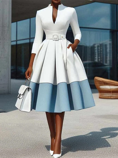 Elegant Colorblock V Neck Knee-Length Midi Dress