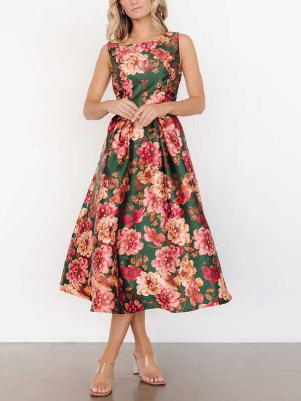 Crew Neck Sleeveless Printed Midi Dress