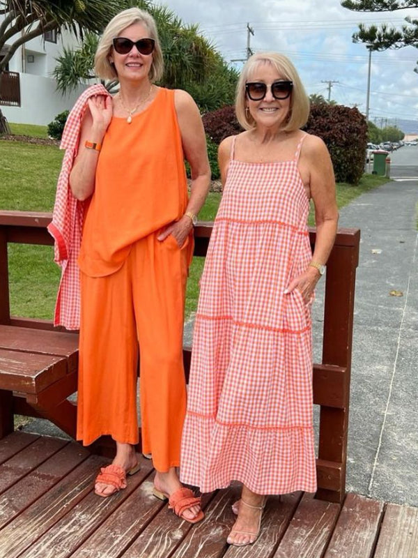 Round Neck Sleeveless Solid Color Top Trousers Suit