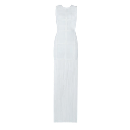 loveedsTM-Hollow Fringe White Sleeveless One-piece Dress Summer Party Gathering Dresses