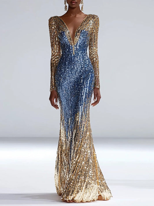 V-neck Sequined Long Sleeves Maxi Dress