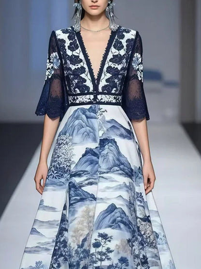 Navy Printed Oversized Hem Chiffon Dress